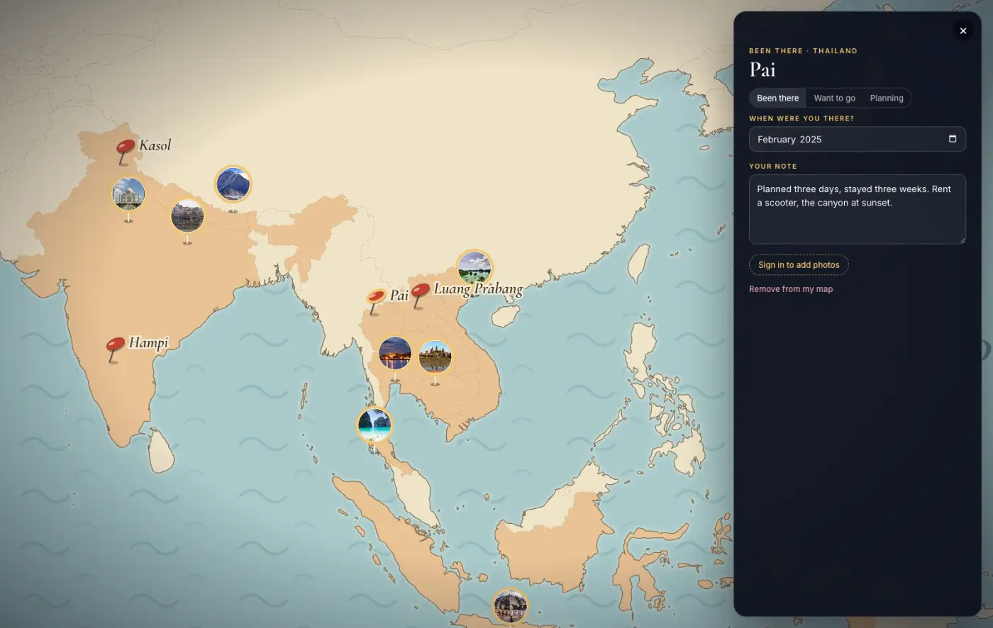 A vintage-style map of South-East Asia with a traveller’s places pinned and her note about Pai
