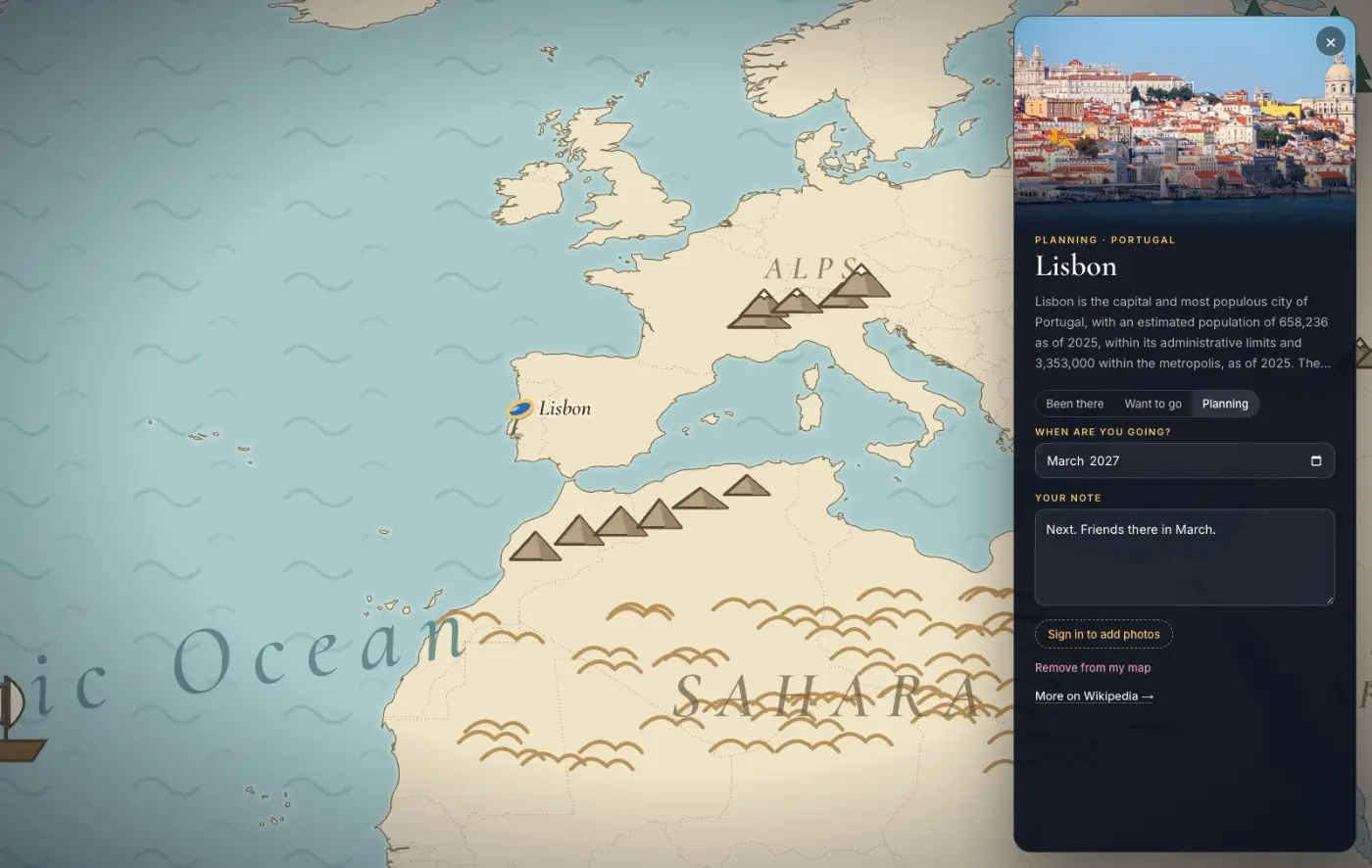 An illustrated map of Europe with a planned trip to Lisbon pinned