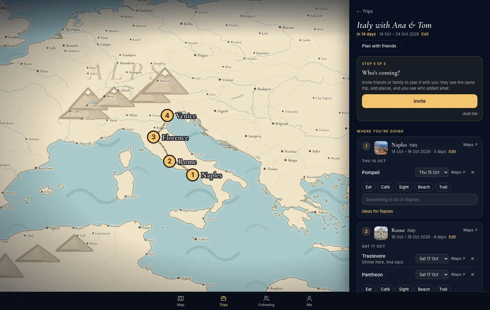 A trip to Italy on Trekit: Naples, Rome, Florence and Venice numbered on the map and joined by the route, with the plan and an Invite button beside it