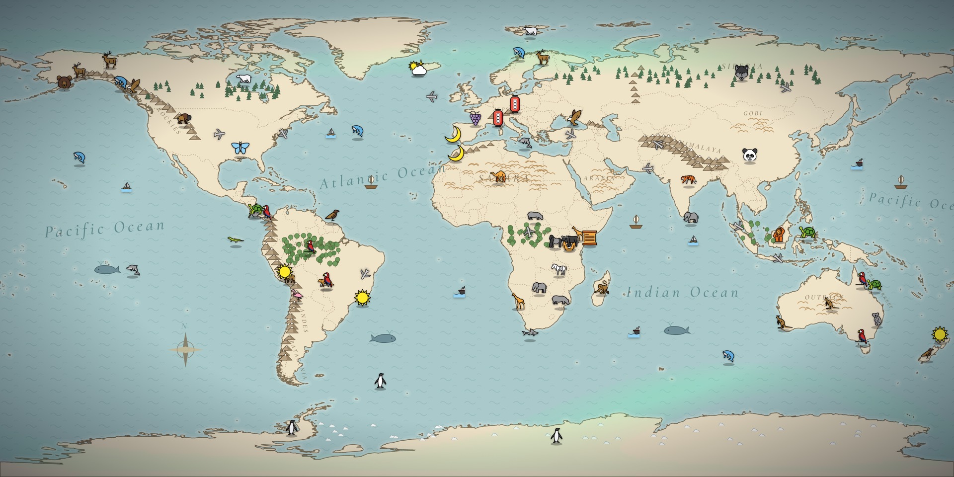 Today on Earth on Trekit: penguins, whales, elephants, pandas and festivals drawn where they are, with planes and ships crossing the oceans